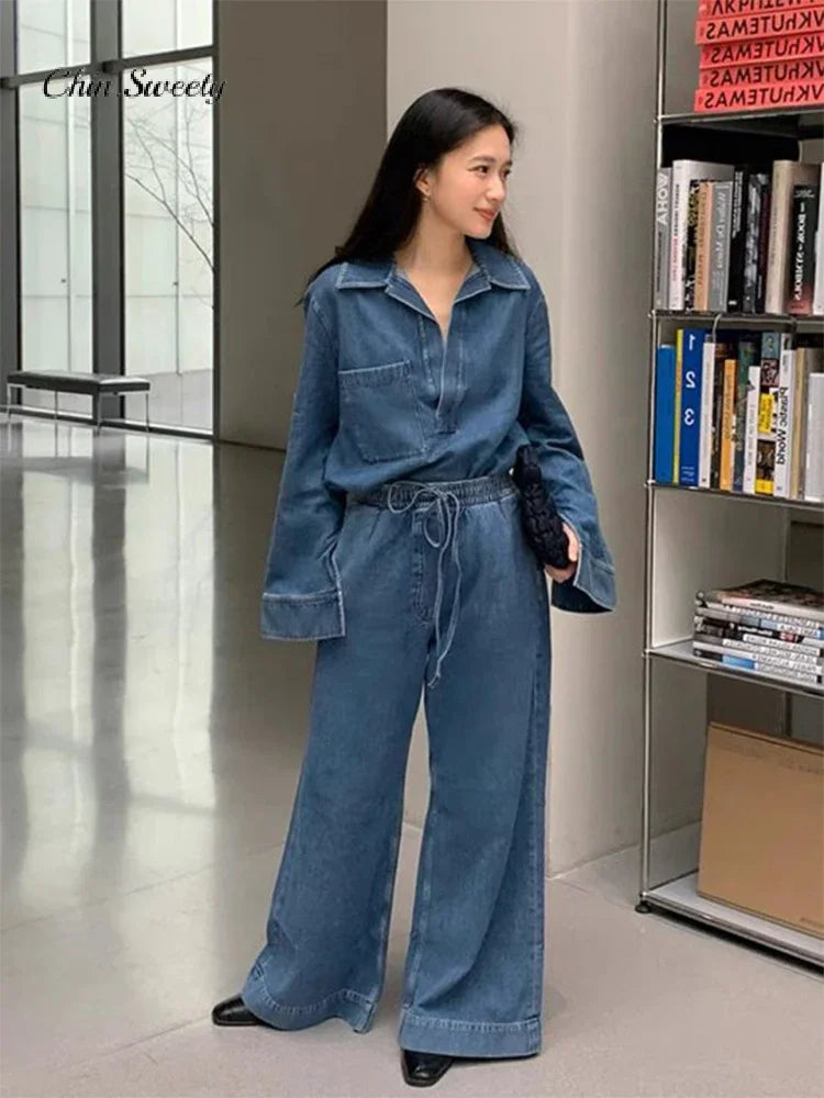 CITSLX Elegant Pants Women Denim 2 Pieces Set Fashion Long Sleeve Turn-down Collar Top Drawstring Wide Trousers 2024 Autumn Lady Suit