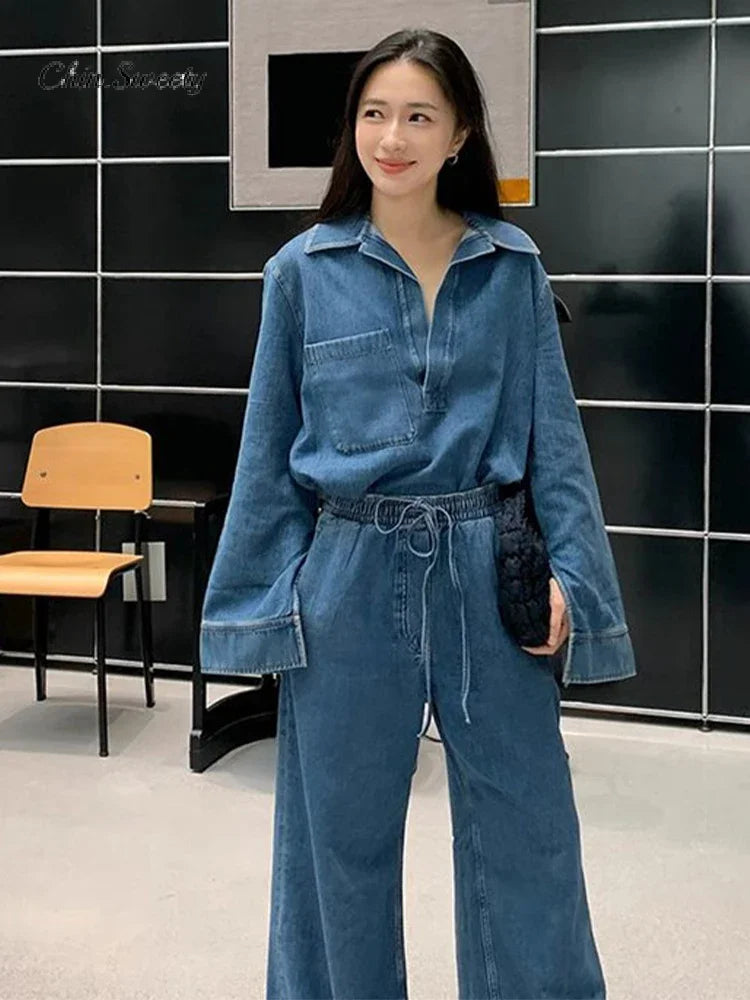 CITSLX Elegant Pants Women Denim 2 Pieces Set Fashion Long Sleeve Turn-down Collar Top Drawstring Wide Trousers 2024 Autumn Lady Suit