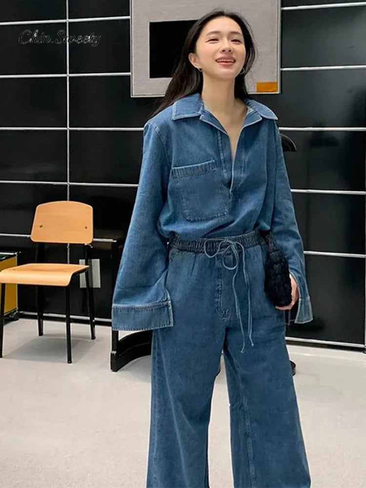 CITSLX Elegant Pants Women Denim 2 Pieces Set Fashion Long Sleeve Turn-down Collar Top Drawstring Wide Trousers 2024 Autumn Lady Suit