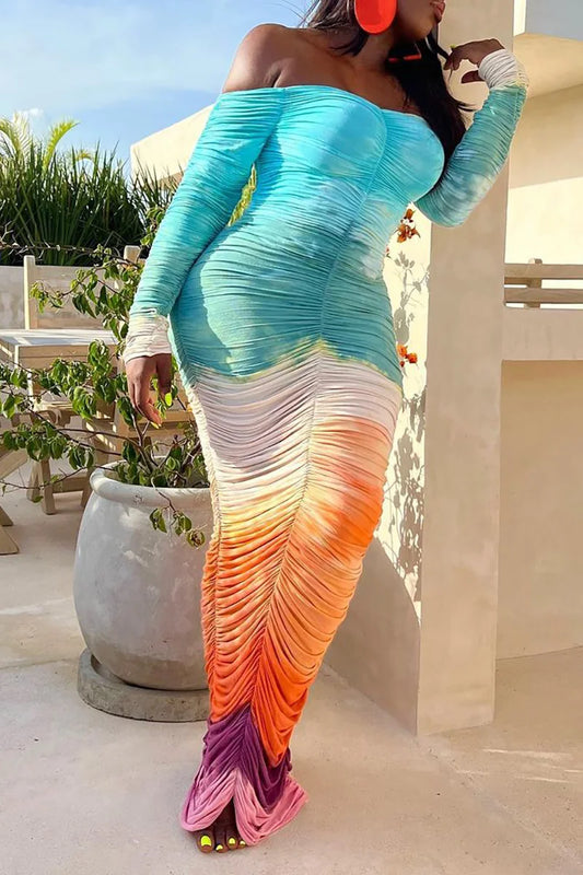 CITSLX Elegant Pretty Women's Dresses Plus Size Shirring Ruched Tie Dye Off the Shoulder Long Sleeve Bodycon Slim Wedding Guest Dress