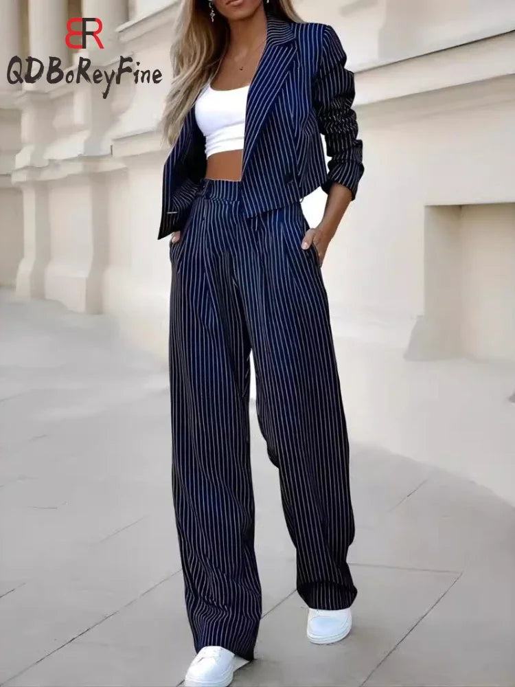 CITSLX Elegant Suit Sets for Women Long Sleeve Short Blazer Wide Leg Pants Set Office Ladies Striped Chic 2 Piece Sets Womens Outfits