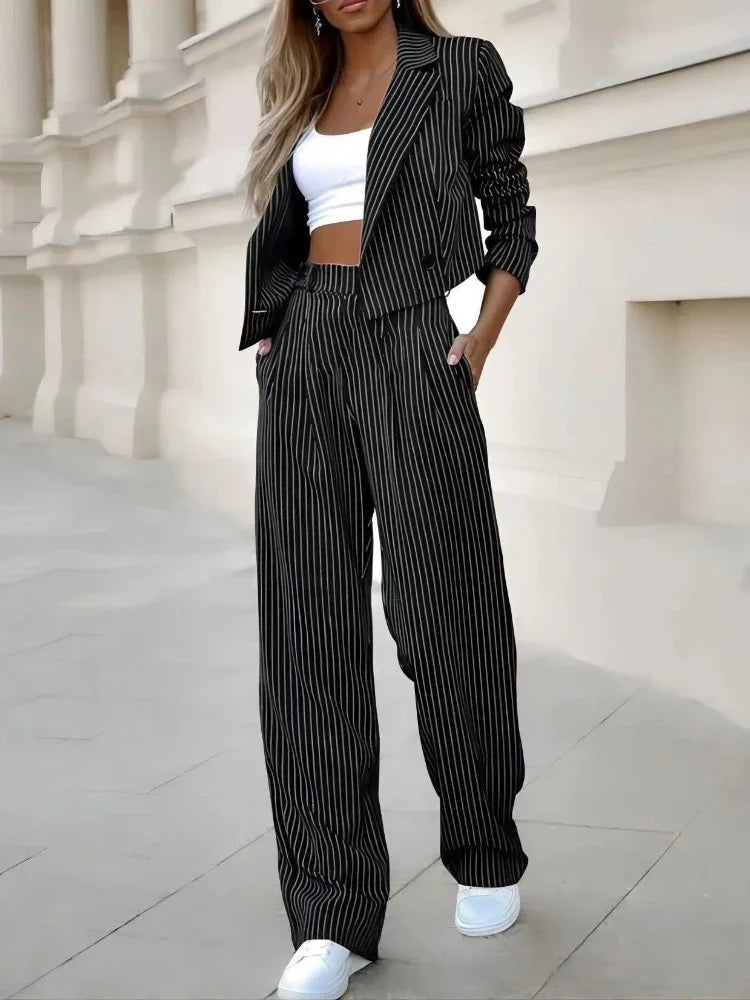 CITSLX Elegant Suit Sets for Women Long Sleeve Short Blazer Wide Leg Pants Set Office Ladies Striped Chic 2 Piece Sets Womens Outfits