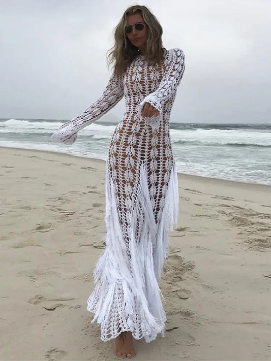 CITSLX Elegant Tassels Patchwork Hollow Out Maxi Dress Women Fashion Round Neck Flare Long Sleeves Dresses Beach Vocation Sexy Robes