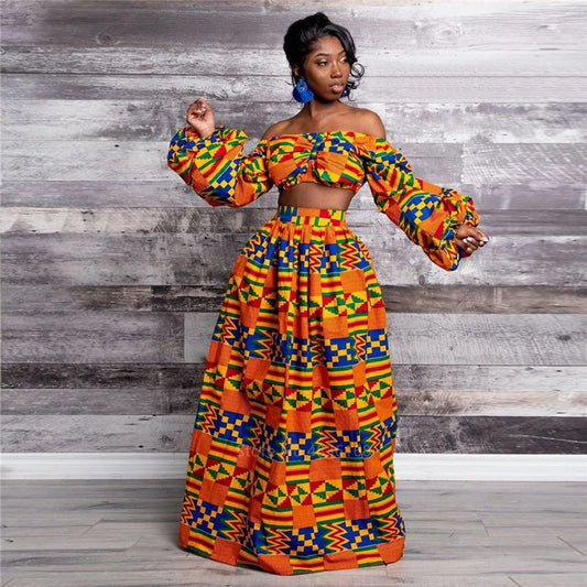 CITSLX Elegant Women Two Piece Set Dress Sexy Slash-neck Sleeveless Blouse Top +High Slit Skirt Vintage Africa National Print Lady Suit