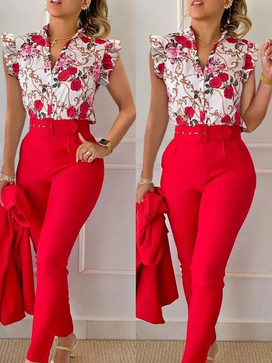 CITSLX Elegant Women Two Piece Set Suits New Fashion Printed Ruffle Sleeve Top Solid Color Pants Set With Belt  Blouses Female Clothing