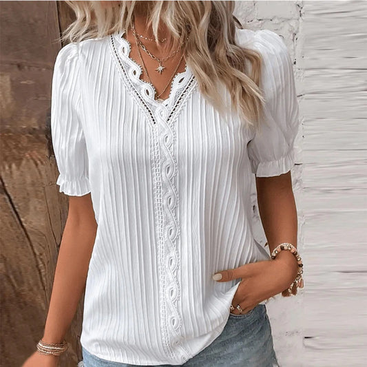 CITSLX Elegant Women's Summer Long Sleeved V-neck Lace Patchwork Shirt 2024 Women's Fashionable White Loose Fitting Office Casual Shirt