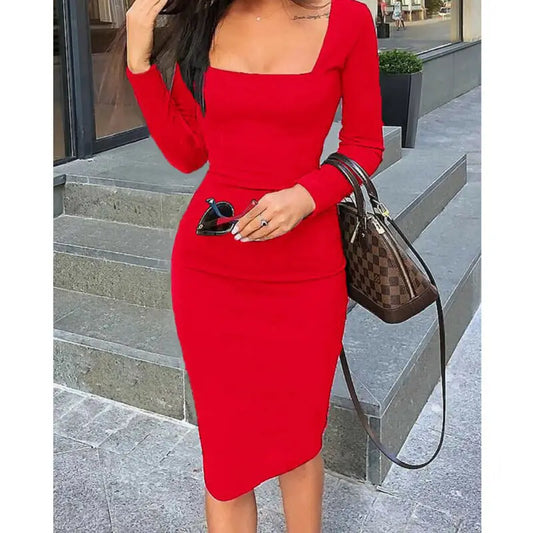 CITSLX Elegant Womens Cold Shoulder Sexy Chic Red Cocktail Party Slim Fit Dresses Square Collar Long Sleeve Design Bodycon Midi Dress