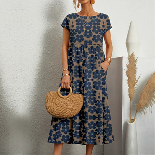 CITSLX Elegant and fashionable women's cotton and linen dress, round neck printed short sleeved A-line skirt, unique floral long skirt