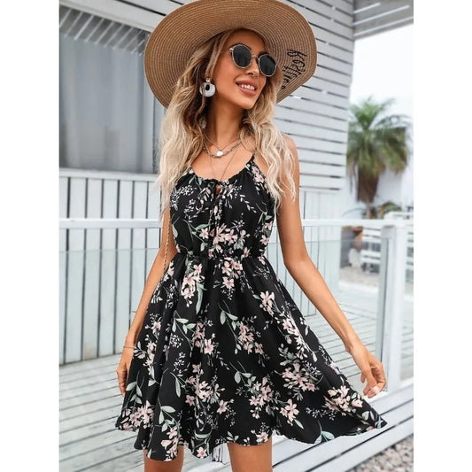 CITSLX European and American New 2024 Summer Elegant Sleeveless Dress Pullover Print Elastic Waist Strap Short Skirt for Women