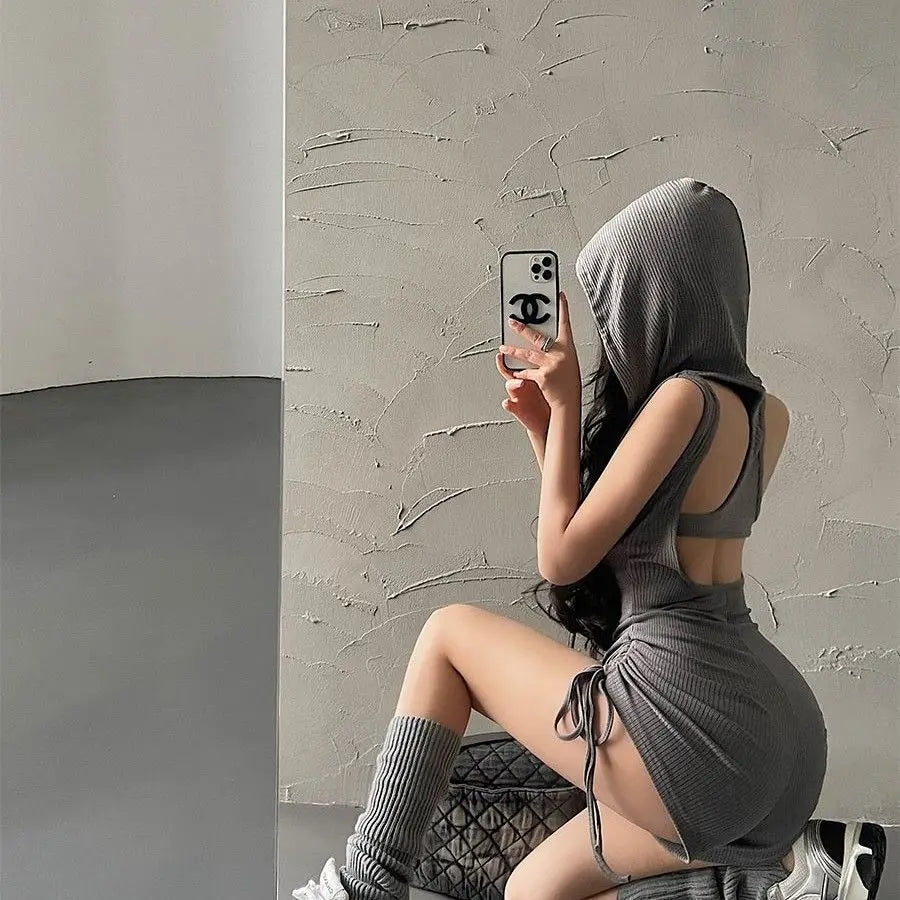 CITSLX European and American Spicy Girls Hooded Drawstring Slim Fit Sleeveless Open Back Drawstring Folded jumpsuit shorts