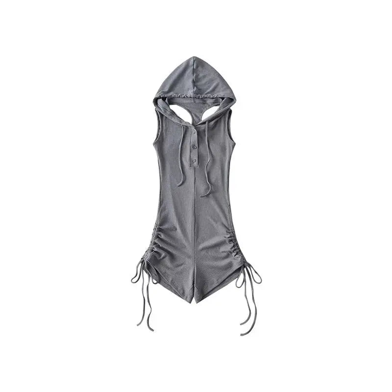 CITSLX European and American Spicy Girls Hooded Drawstring Slim Fit Sleeveless Open Back Drawstring Folded jumpsuit shorts