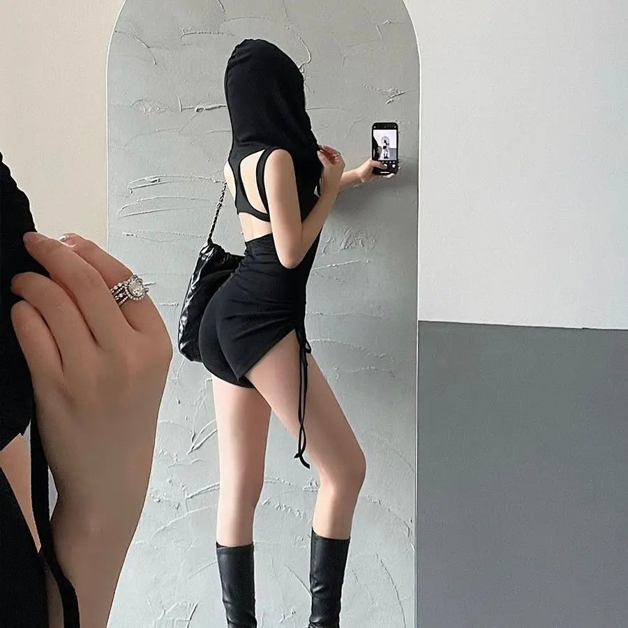 CITSLX European and American Spicy Girls Hooded Drawstring Slim Fit Sleeveless Open Back Drawstring Folded jumpsuit shorts