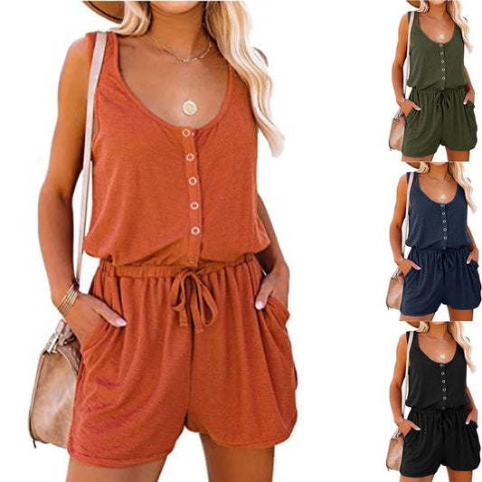 CITSLX European and American women's summer cross-border new sleeveless jumpsuit waist casual loose wide leg shorts