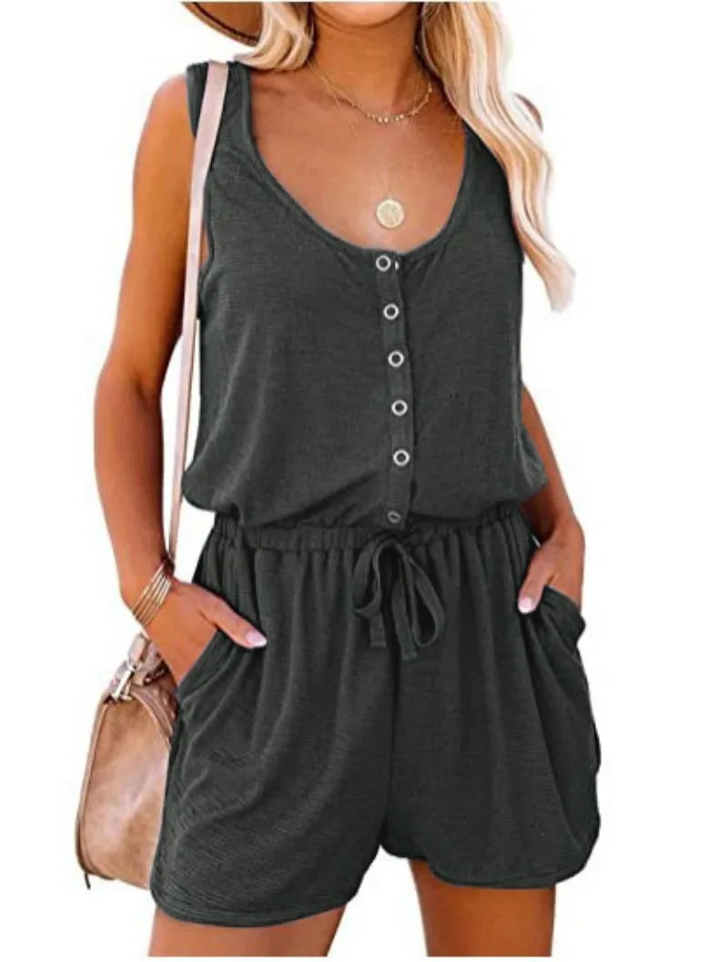 CITSLX European and American women's summer cross-border new sleeveless jumpsuit waist casual loose wide leg shorts