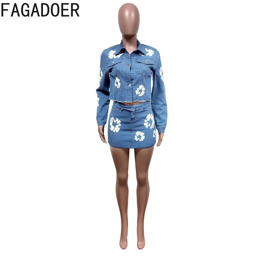 CITSLX FAGADOER Blue Denim Fashion Print Mini Skirts Two Piece Sets Women Turndown Collar Button Long Sleeve Crop Top And Skirt Outfits