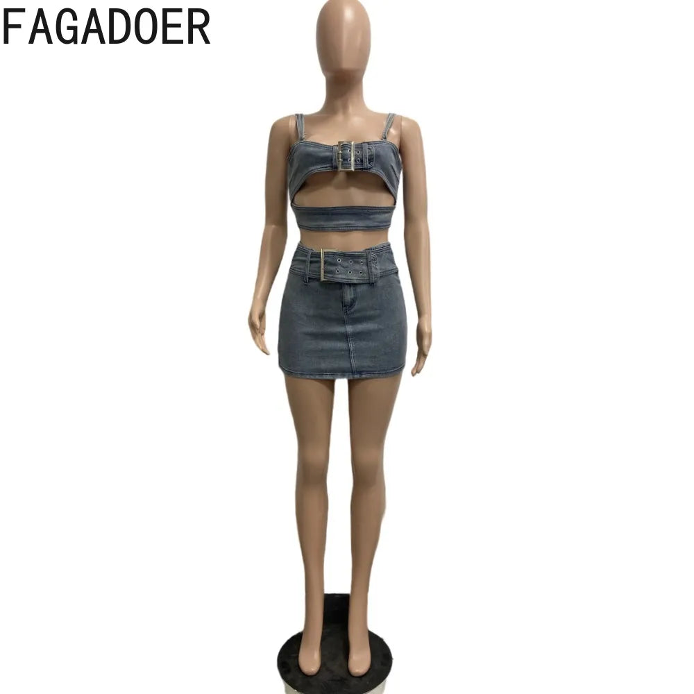 HAIPURUNFAGADOER Blue Fashion Hollow Out Elasticity Denim Two Piece Sets Women Thin Strap Sleeveless Tank Top And Skirts Cowboy Outfits