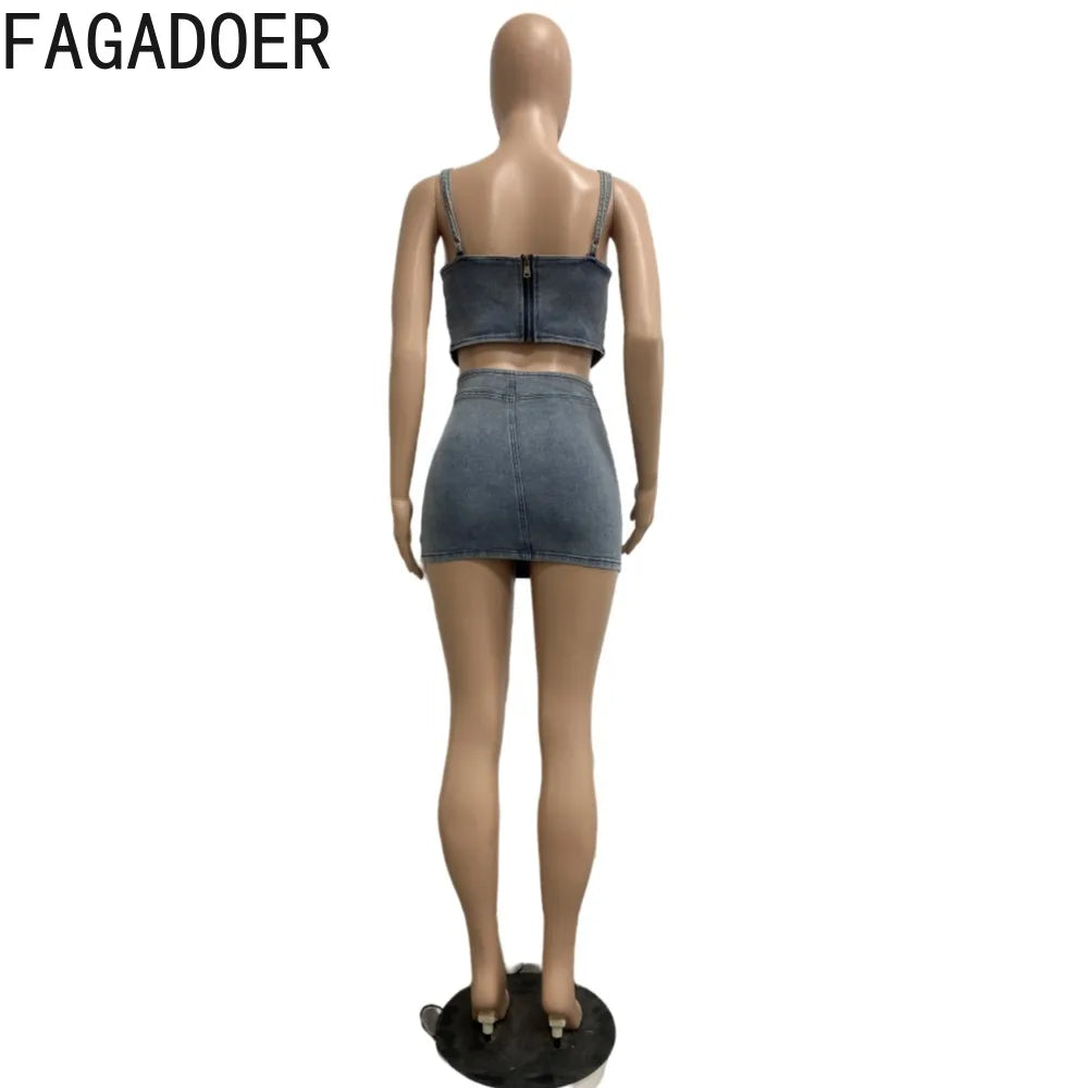 HAIPURUNFAGADOER Blue Fashion Hollow Out Elasticity Denim Two Piece Sets Women Thin Strap Sleeveless Tank Top And Skirts Cowboy Outfits