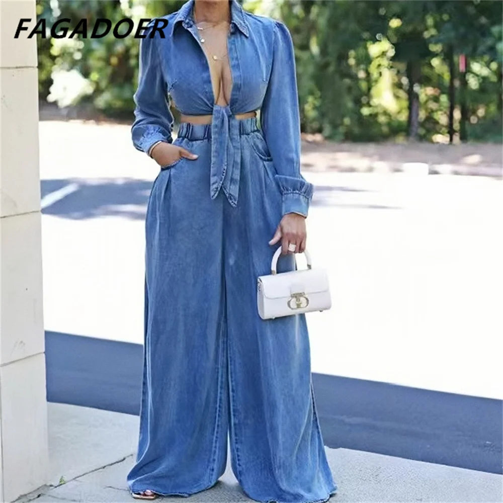 CITSLX FAGADOER Fashion Bandage Wide Leg Jean Pants 2 Piece Sets Women Outfit Turndown Collar Crop Top and High Waist Denim Pants Suits