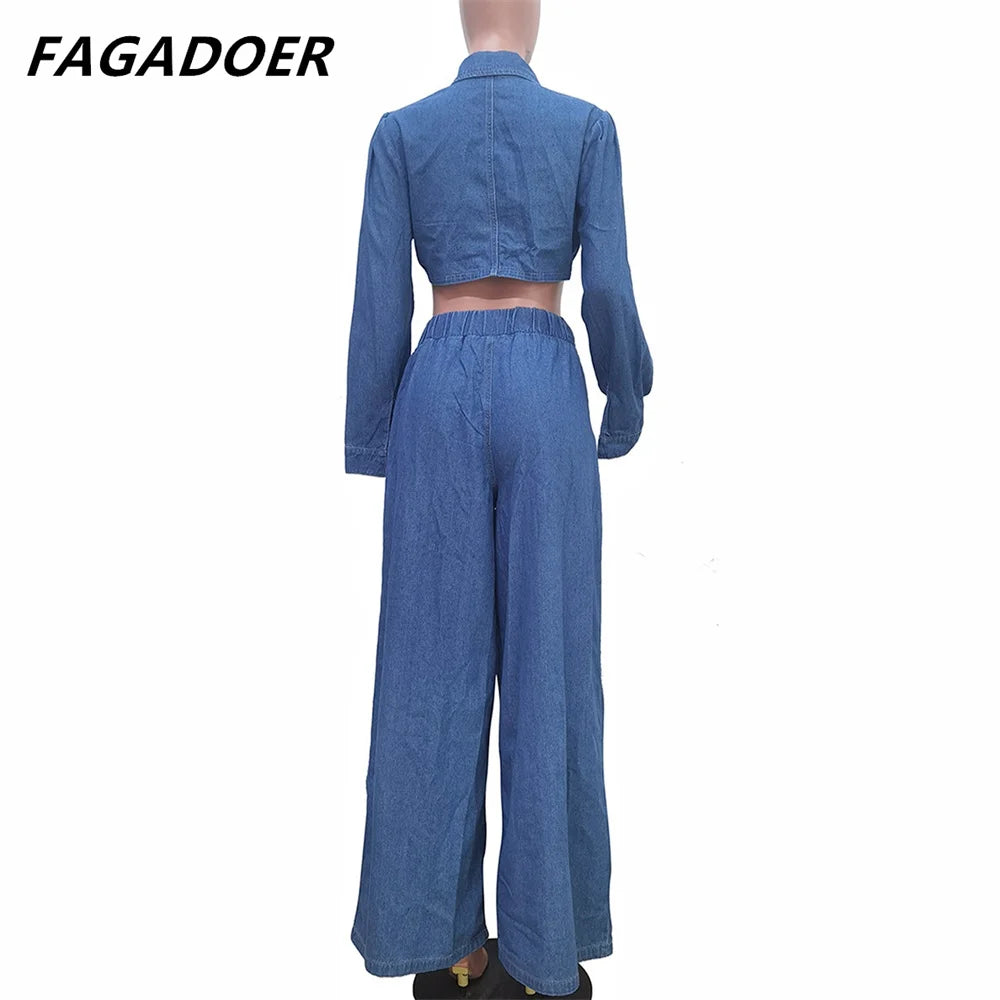 CITSLX FAGADOER Fashion Bandage Wide Leg Jean Pants 2 Piece Sets Women Outfit Turndown Collar Crop Top and High Waist Denim Pants Suits