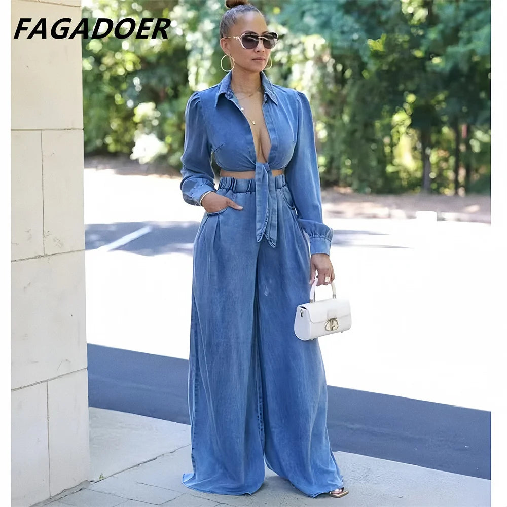 CITSLX FAGADOER Fashion Bandage Wide Leg Jean Pants 2 Piece Sets Women Outfit Turndown Collar Crop Top and High Waist Denim Pants Suits