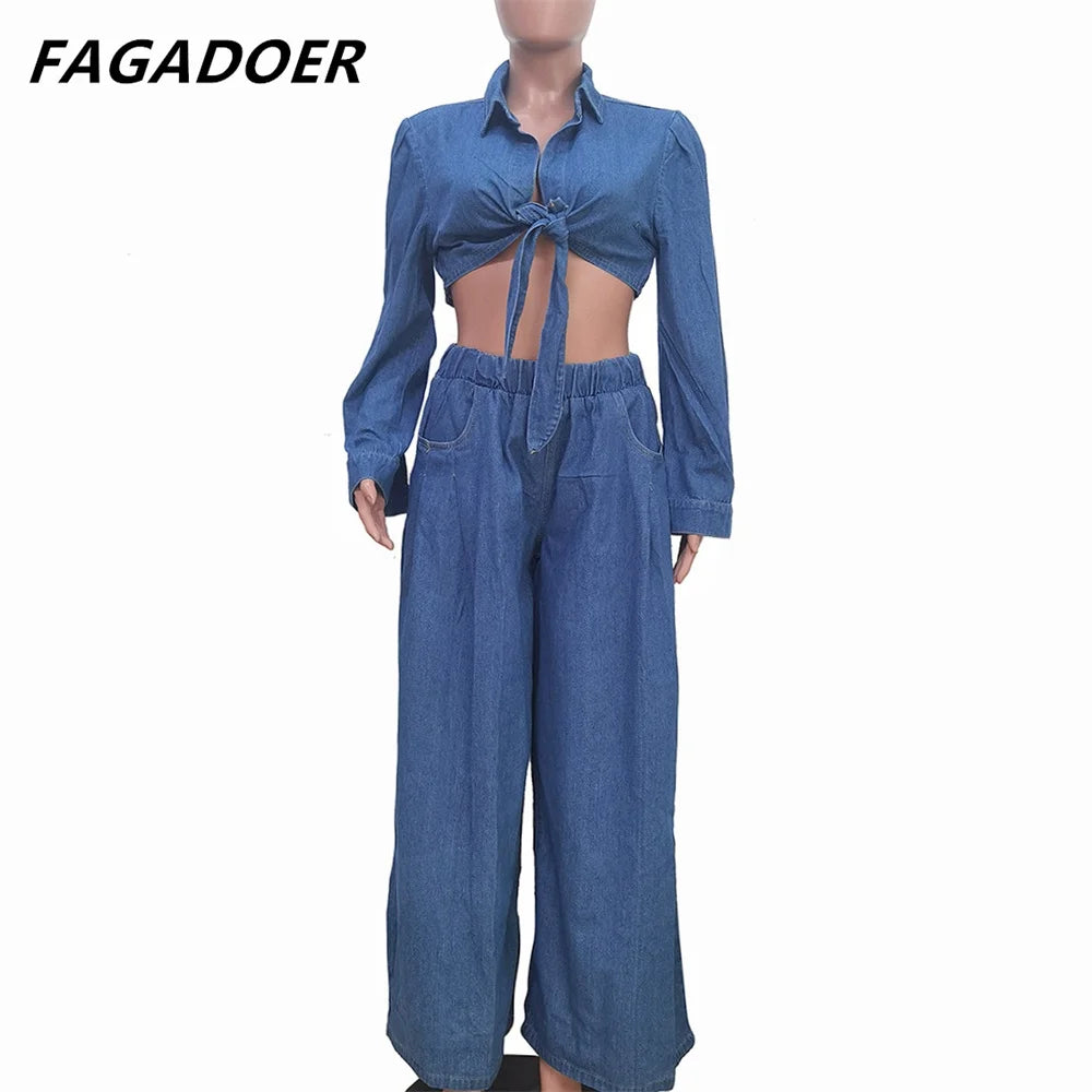 CITSLX FAGADOER Fashion Bandage Wide Leg Jean Pants 2 Piece Sets Women Outfit Turndown Collar Crop Top and High Waist Denim Pants Suits