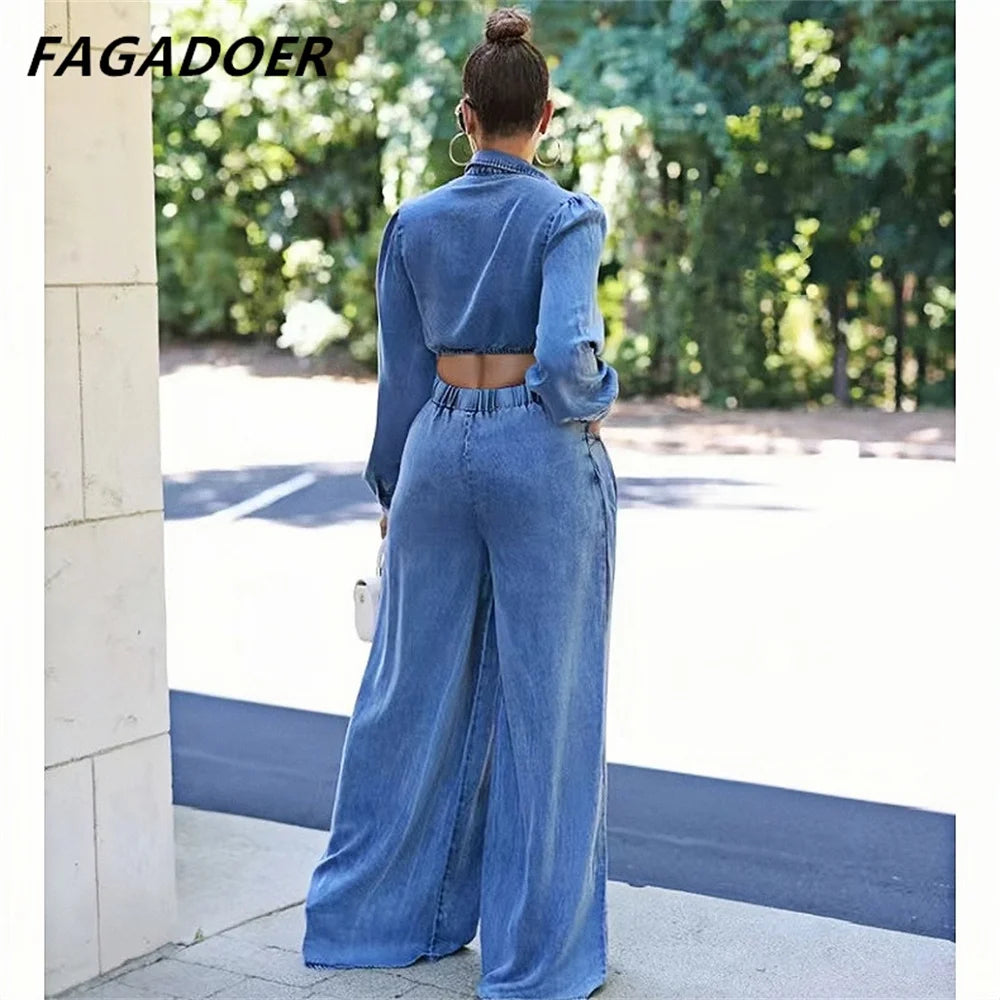 CITSLX FAGADOER Fashion Bandage Wide Leg Jean Pants 2 Piece Sets Women Outfit Turndown Collar Crop Top and High Waist Denim Pants Suits