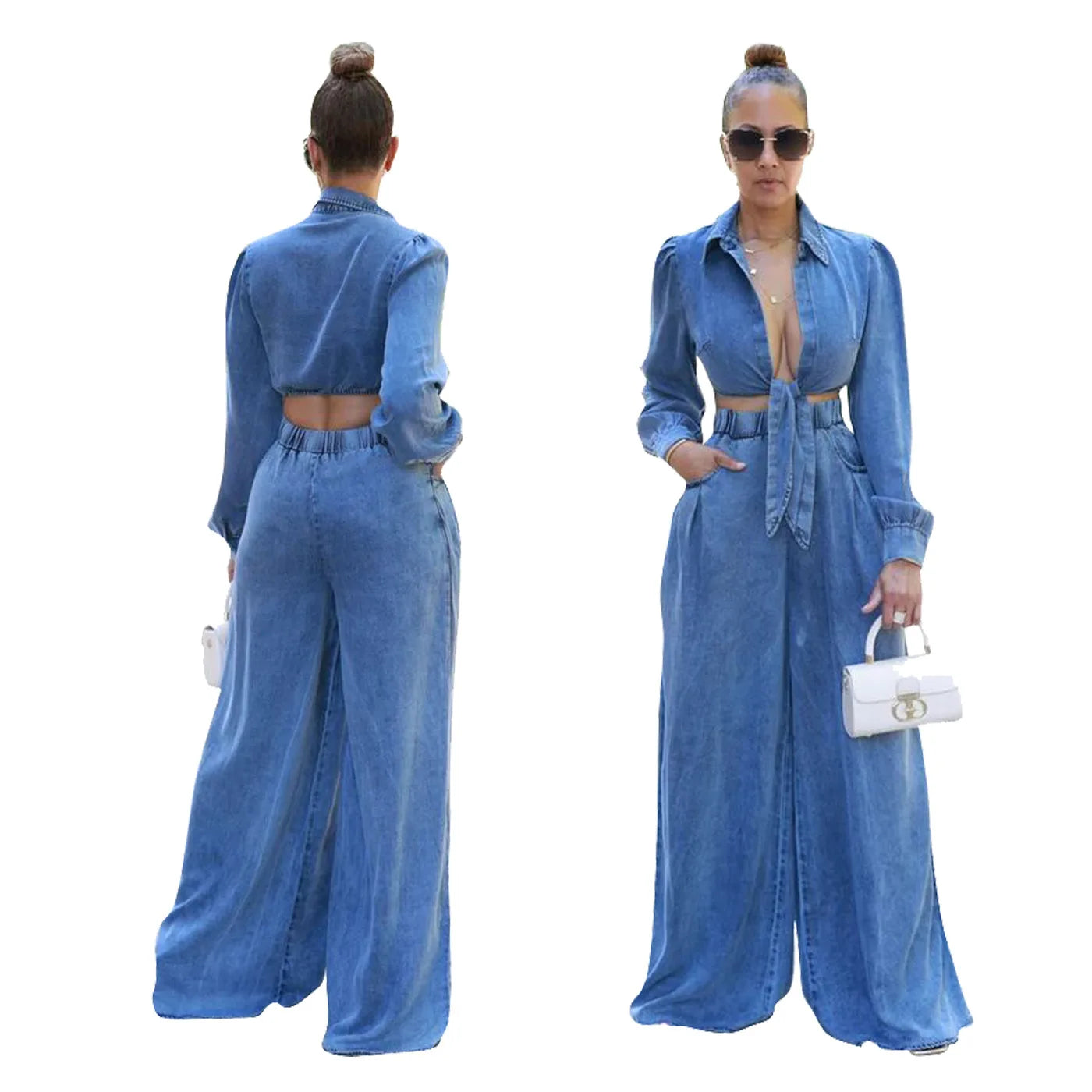 CITSLX FAGADOER Fashion Bandage Wide Leg Jean Pants 2 Piece Sets Women Outfit Turndown Collar Crop Top and High Waist Denim Pants Suits