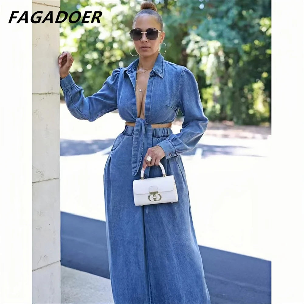 CITSLX FAGADOER Fashion Bandage Wide Leg Jean Pants 2 Piece Sets Women Outfit Turndown Collar Crop Top and High Waist Denim Pants Suits