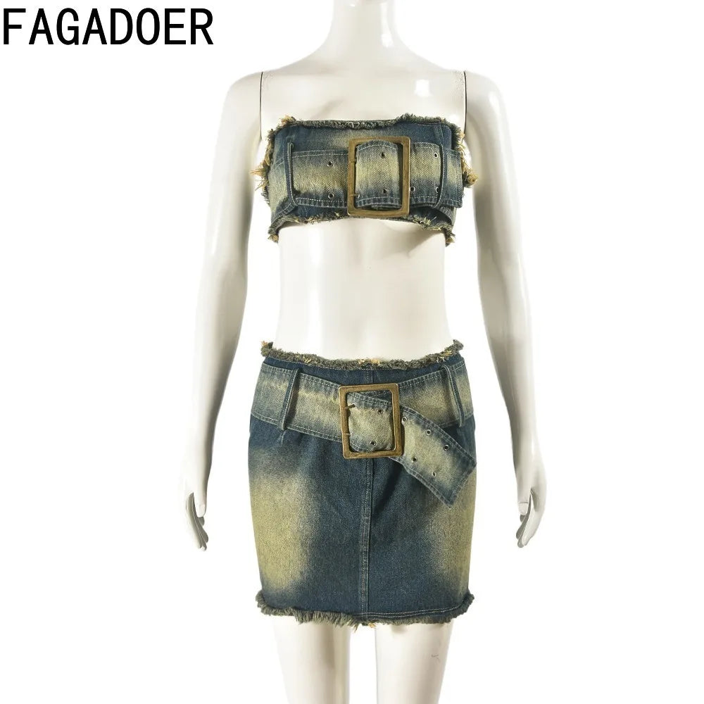 HAIPURUNFAGADOER Fashion Retro Distress Y2K Denim Streetwear Women Sleeveless Backless Tube And Belt Mini Skirts Cowboy Two Piece Sets