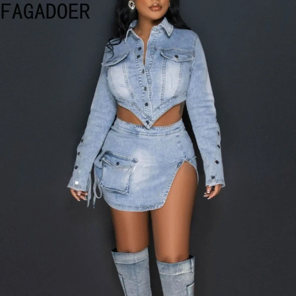 CITSLX FAGADOER Fashion Streetwear Women Denim Button Long Sleeve Irregular Crop Top And Mini Slit Skirt Outfits Female Cowboy Clothing