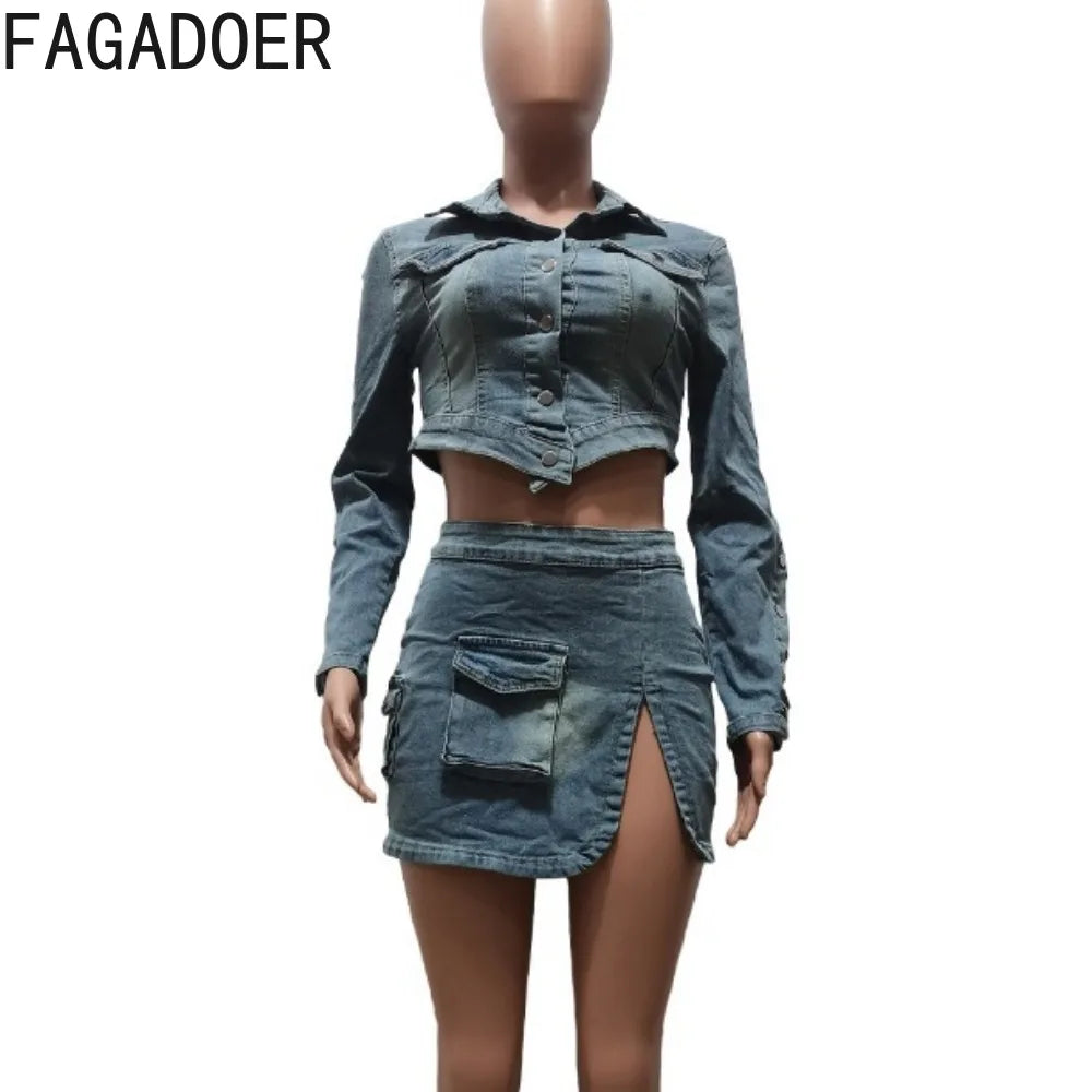 CITSLX FAGADOER Fashion Streetwear Women Denim Button Long Sleeve Irregular Crop Top And Mini Slit Skirt Outfits Female Cowboy Clothing