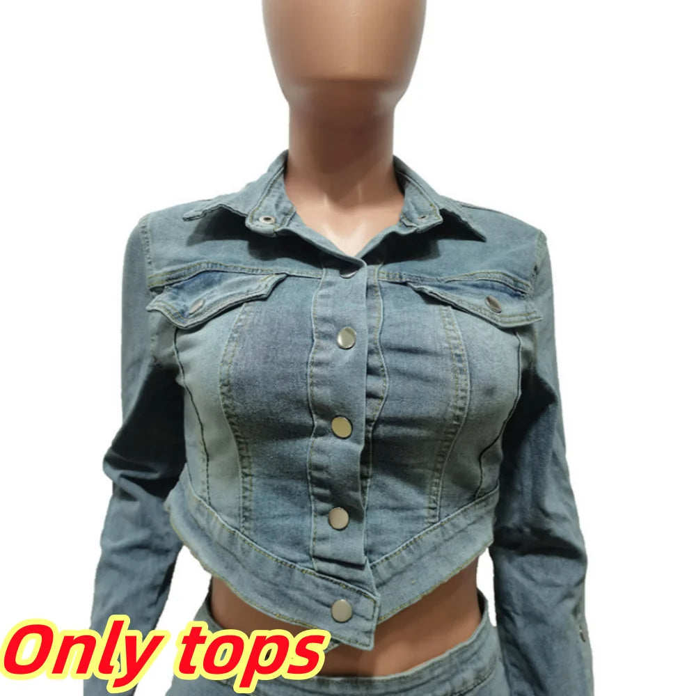 CITSLX FAGADOER Fashion Streetwear Women Denim Button Long Sleeve Irregular Crop Top And Mini Slit Skirt Outfits Female Cowboy Clothing