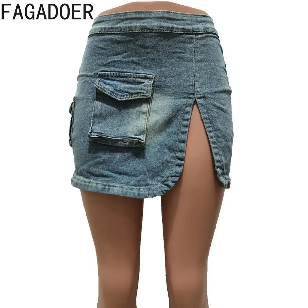 CITSLX FAGADOER Fashion Streetwear Women Denim Button Long Sleeve Irregular Crop Top And Mini Slit Skirt Outfits Female Cowboy Clothing