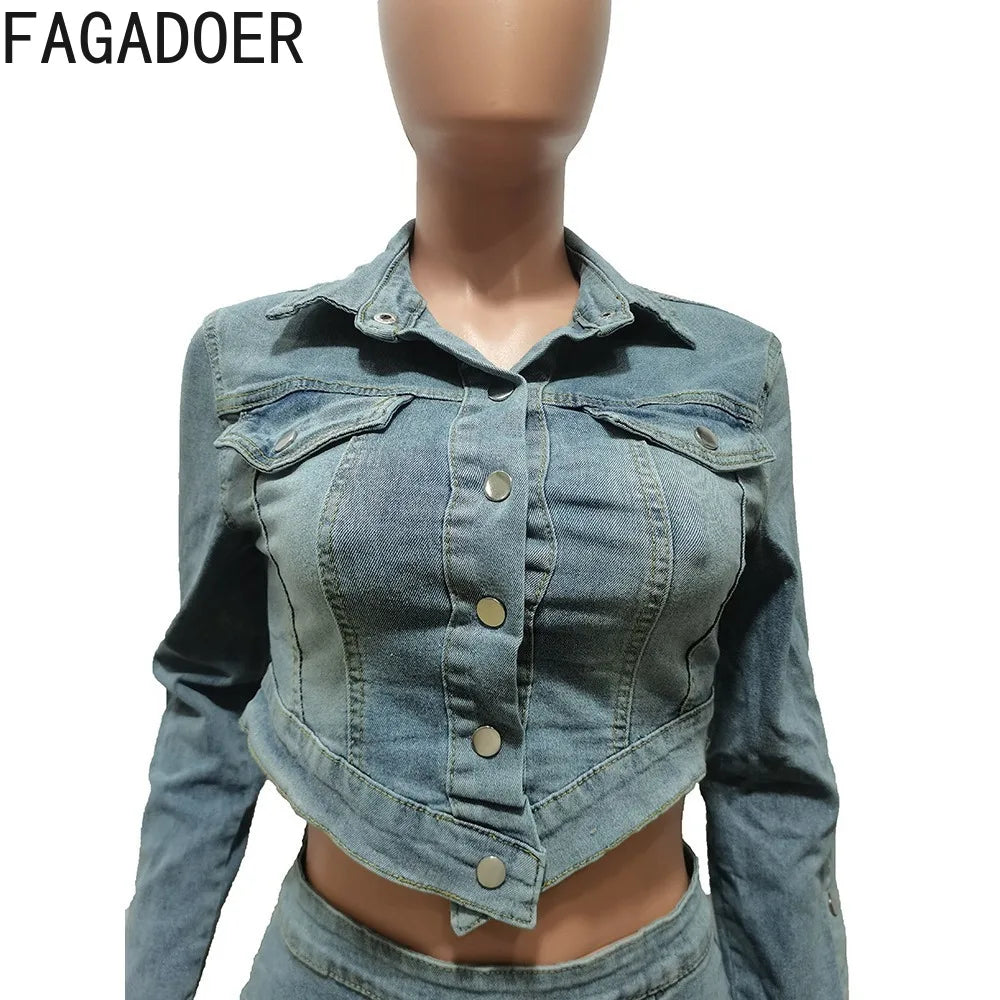 CITSLX FAGADOER Fashion Streetwear Women Denim Button Long Sleeve Irregular Crop Top And Mini Slit Skirt Outfits Female Cowboy Clothing