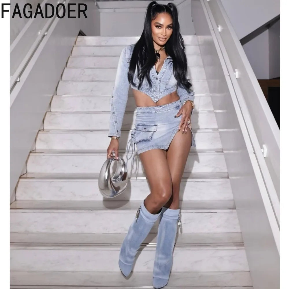 CITSLX FAGADOER Fashion Streetwear Women Denim Button Long Sleeve Irregular Crop Top And Mini Slit Skirt Outfits Female Cowboy Clothing