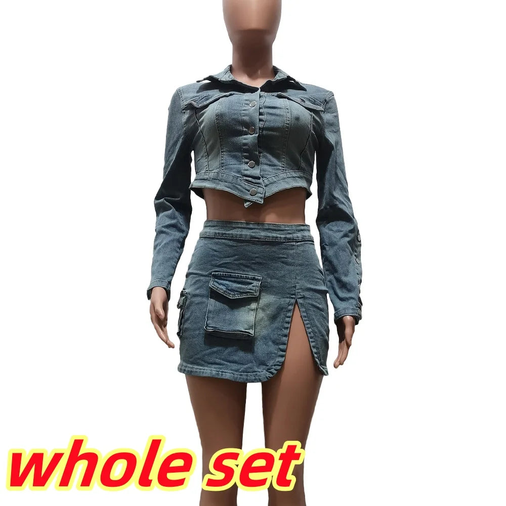 CITSLX FAGADOER Fashion Streetwear Women Denim Button Long Sleeve Irregular Crop Top And Mini Slit Skirt Outfits Female Cowboy Clothing