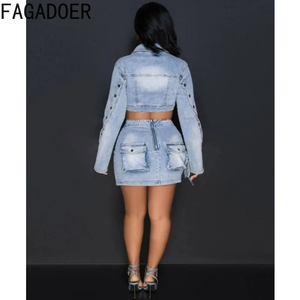 CITSLX FAGADOER Fashion Streetwear Women Denim Button Long Sleeve Irregular Crop Top And Mini Slit Skirt Outfits Female Cowboy Clothing