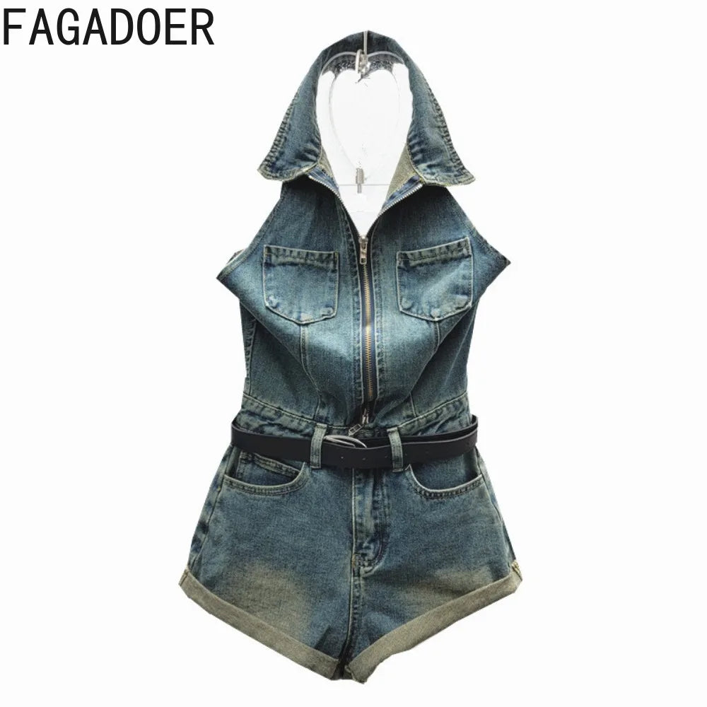 CITSLX FAGADOER Fashion Y2K Street Hot Girl Jeans Rompers Women Halter Zipper Sleeveless Bodycon Jumpsuits Female Denim Overalls 2024