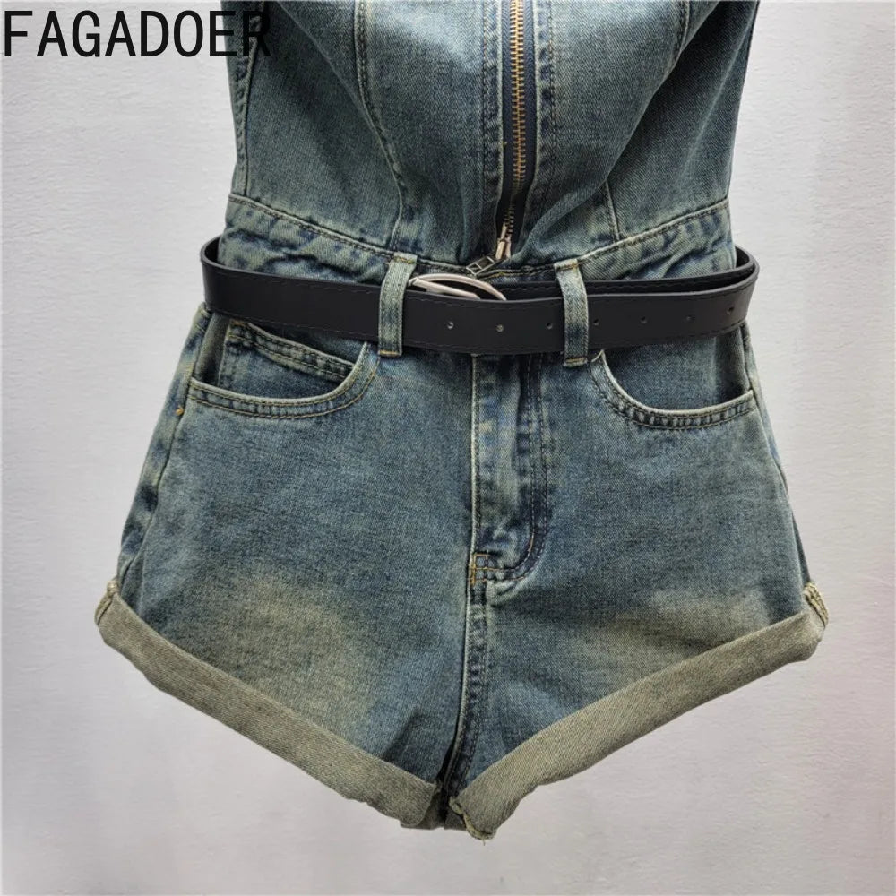 CITSLX FAGADOER Fashion Y2K Street Hot Girl Jeans Rompers Women Halter Zipper Sleeveless Bodycon Jumpsuits Female Denim Overalls 2024