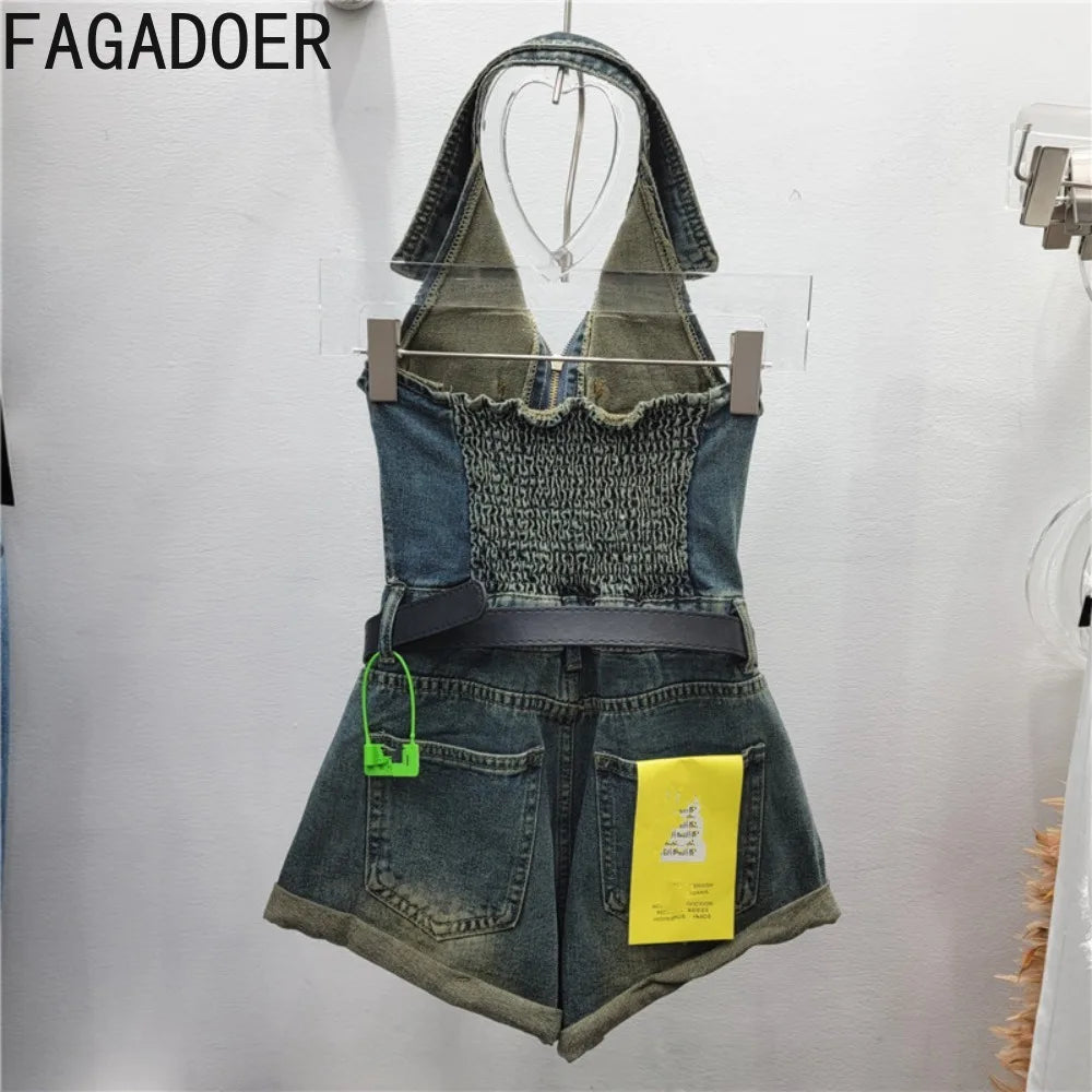 CITSLX FAGADOER Fashion Y2K Street Hot Girl Jeans Rompers Women Halter Zipper Sleeveless Bodycon Jumpsuits Female Denim Overalls 2024