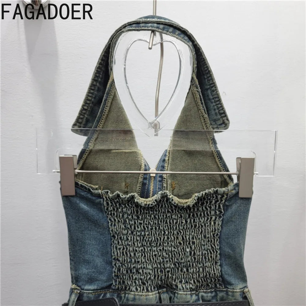 CITSLX FAGADOER Fashion Y2K Street Hot Girl Jeans Rompers Women Halter Zipper Sleeveless Bodycon Jumpsuits Female Denim Overalls 2024