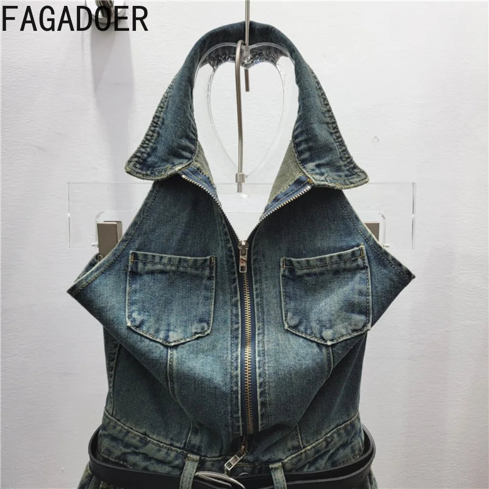 CITSLX FAGADOER Fashion Y2K Street Hot Girl Jeans Rompers Women Halter Zipper Sleeveless Bodycon Jumpsuits Female Denim Overalls 2024