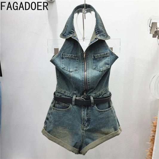 CITSLX FAGADOER Fashion Y2K Street Hot Girl Jeans Rompers Women Halter Zipper Sleeveless Bodycon Jumpsuits Female Denim Overalls 2024