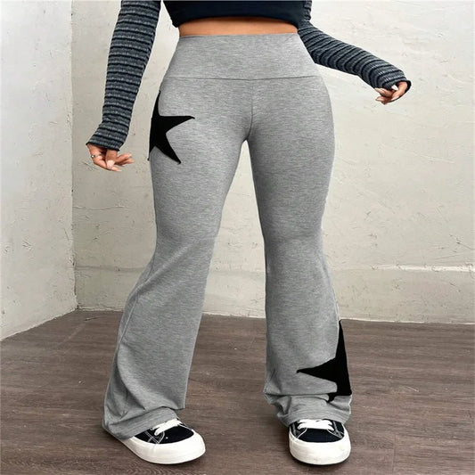 CITSLX FQLWL Fall Fashion Gray Star Print Trousers Street Causal Outfits For Women 2024 Basic High Waist Long Pants Booty Flared Pants