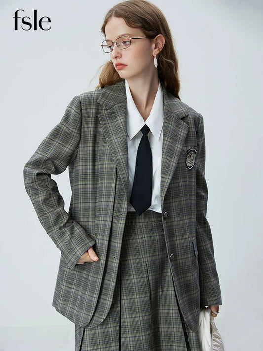 CITSLX FSLE Blue Grey Temperament Plaid Suit Sets Notched Collar Double Placket Design Stright Blazers Long Pleated A-LINE Women Skirts