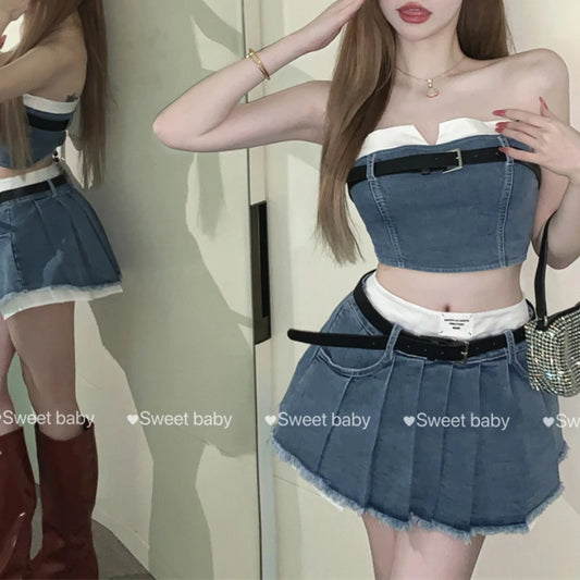 CITSLX Fashion American Retro Y2K Sexy Denim Suits Women Strapless Mini Top+ Pleated Mini Skirt Vintage Beach Two Pieces S