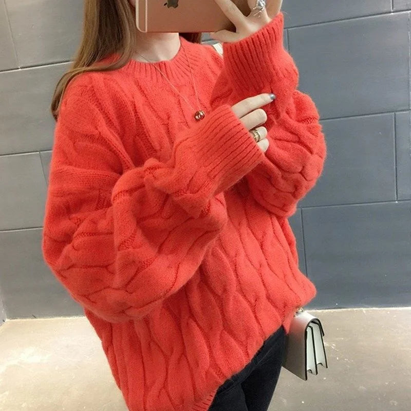 CITSLX Fashion Autumn Winter Blue O-Neck Twisted Sweater Women Loose Long Sleeve Cashmere Pullovers Female Knitted Jumper Tops Female