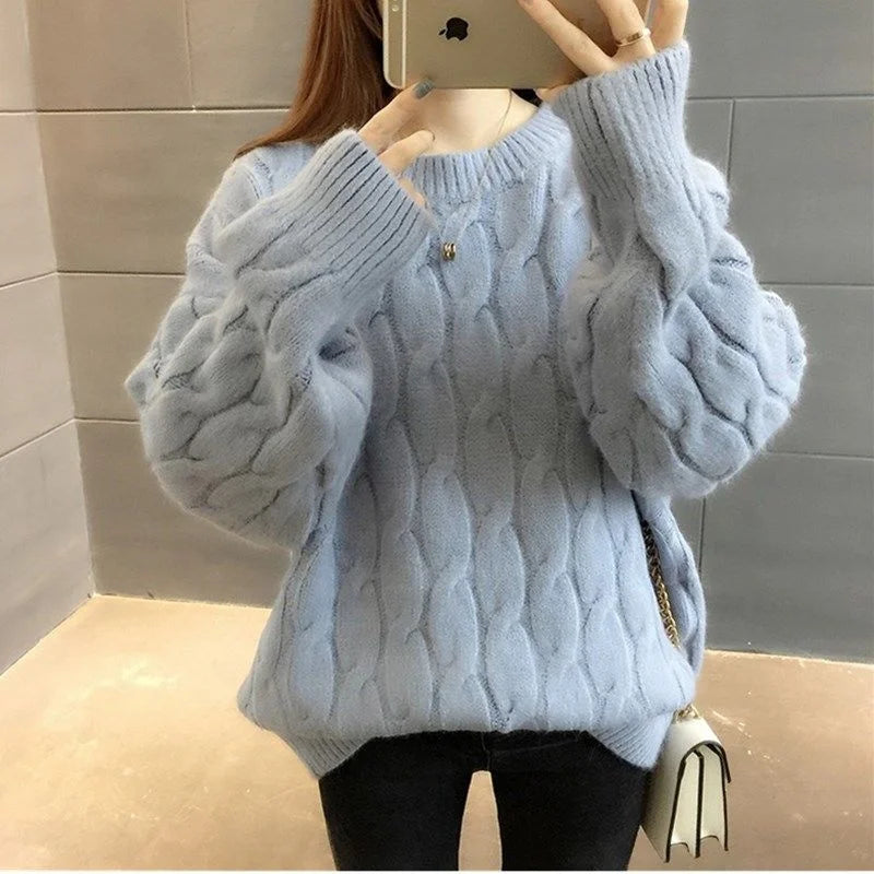 CITSLX Fashion Autumn Winter Blue O-Neck Twisted Sweater Women Loose Long Sleeve Cashmere Pullovers Female Knitted Jumper Tops Female