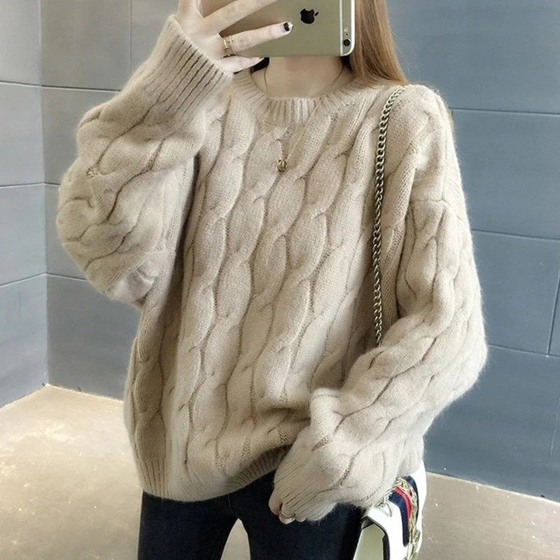 CITSLX Fashion Autumn Winter Blue O-Neck Twisted Sweater Women Loose Long Sleeve Cashmere Pullovers Female Knitted Jumper Tops Female