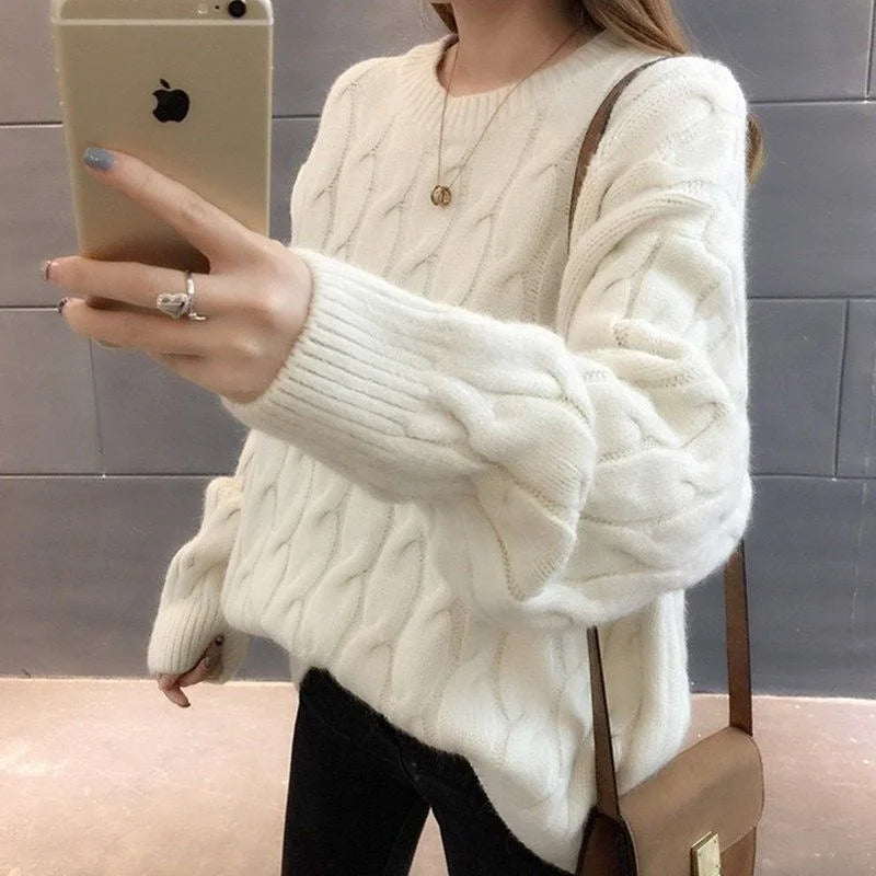 CITSLX Fashion Autumn Winter Blue O-Neck Twisted Sweater Women Loose Long Sleeve Cashmere Pullovers Female Knitted Jumper Tops Female